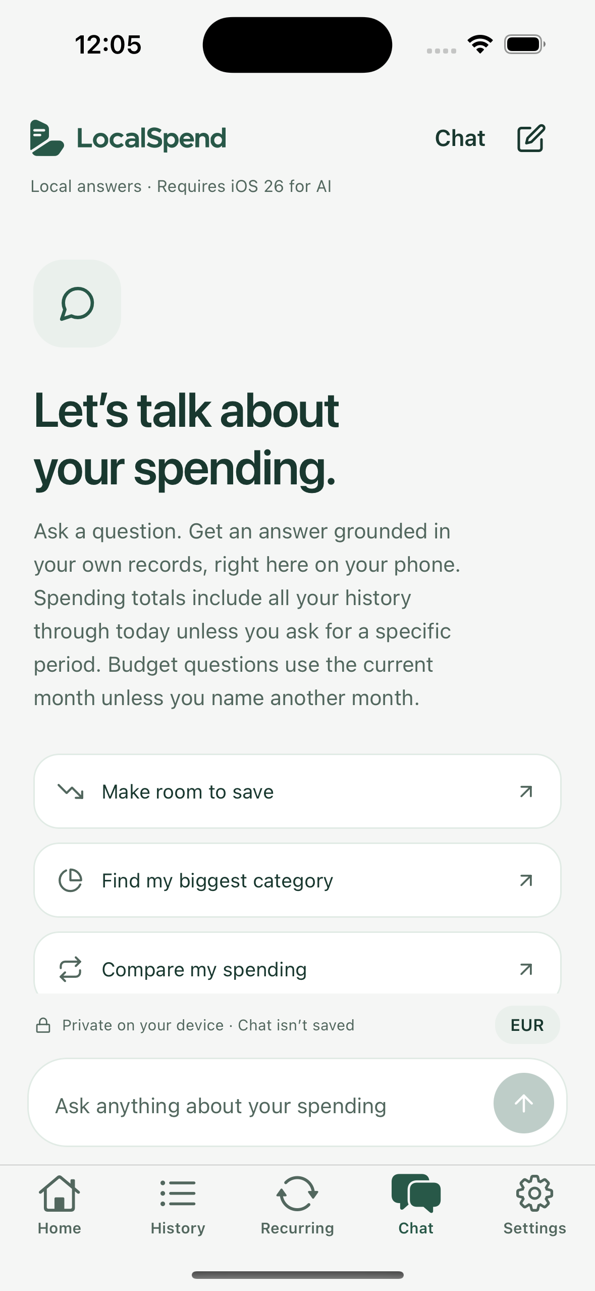 LocalSpend Chat with the updated header and suggested questions for saving, finding your biggest spending category, and comparing spending.